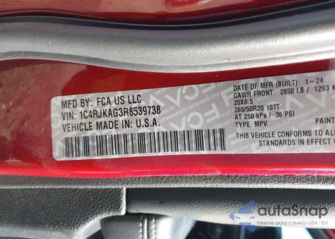 2024 Jeep Grand Cherokee L Altitude X 4X4 z USA, uszkodzony, nr VIN 1C4RJKAG3R8539738